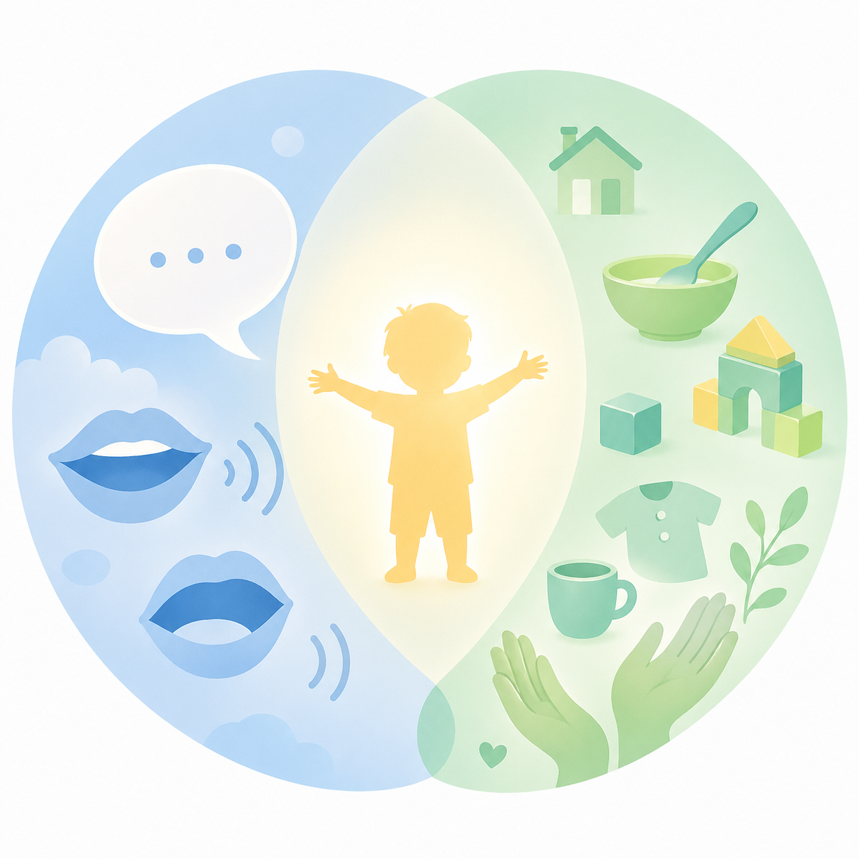 Diagrama de Venn que muestra la integración entre Terapia del Habla y Terapia Ocupacional con un niño en el centro